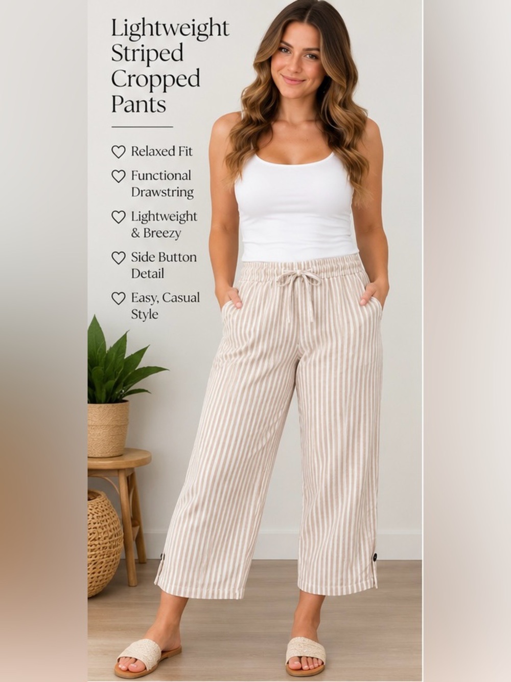 Beige Striped Wide-Leg Cropped Pants with Drawstring, side pockets